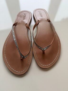 J Crew flip flops, brown leather footbed with sparkling silver glitter straps